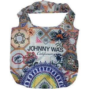 NEW Johnny Was Reusable Shopper Tote Bag Foldable Geometric Floral Blue Women